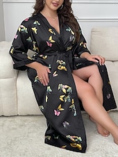 cheap Women's Robes-Women's Loungewear Robe Nightgown Fashion Casual Graphic Butterfly Satin Silky Pajamas Pyjamas Patchwork Dress Home Vacation Long Sleeve V Neck Black Summer Spring Regular Fit Loose Fit