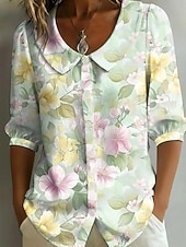 baratos Blusas Florais-Mulheres Camisa Social Imprimir Floral Gráfico Férias à moda Básico Meia Manga Coleira Peter Pan Tops regulares Casual Diário Amarelo Roxo Laranja Verde Verão Primavera