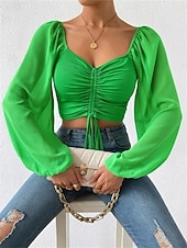 tanie Chiffon Tops-Damskie Koszula Bluzka Bluzki z szyfonu Z marszczeniami Równina Elegancki Podstawowy Klasyczny Długi rękaw W serek Zwykłe topy Codzienny Impreza Święto Niebieski Czerwonobrązowy Czarny Biały