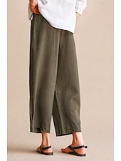 cheap Straight-Leg Pants-Women's 100% Linen Vacation Basic Ankle-Length Mid Waist Plain Breathable Inelastic Daily Flaxen gray-green White Spring Loose Fit