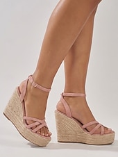 abordables Sandalias de cuña-Sandalias de cuña tipo alpargata para mujer, sandalias de plataforma con tiras y hebilla en el tobillo, zapatos bohemios de verano para la playa, cruceros y vestidos.