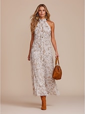 economico Abiti floreali-Per donna Abito Midi Vestito Estivo Abito a trapezio Vestito all'americana Abito a spalle scoperte Vacanza Festa Boho All'aperto Spiaggia Feste Floreale Grafico Senza Maniche All'americana Bianco