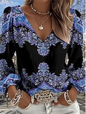 economico Arte &amp; Design Bluse-Per donna Camicia Grafico Geometrico Paisley Bohemien Vacanza Vintage Manica Lunga Scollo a V Top Regolari Casuale Quotidiano Ferie Blu / nero Rosa Blu scuro Beige Estate Primavera