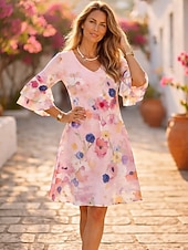 abordables Robes fleuries-Femmes Mini Robe Robe d'Été Robe trapèze Vacances Occasionnel Boho Soirée Coupe régulière Fleuri Graphique Manche 3/4 Col en V Bleu Jaune Rose Claire Violet Été Printemps