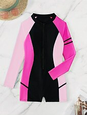 ieftine Rash guards One Piece-Pentru femei Bariere Iritatie Costum de baie Boyleg Geometric Blocarea culorilor Inchide fermuarul Pernițe Detașabile Fermoar Față UPF50+ Uscare rapidă Elastic Manșon Lung Costume de Baie Salopetă