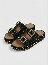 economico Infradito scivolosi-sandali da donna con fibbia in paillettes verdi, eleganti sandali casual con plateau slip-on per feste in giardino, viaggi &amp;abbigliamento estivo quotidiano
