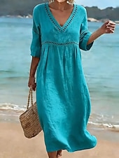 economico Vestito bianco-Per donna Abito Midi Abito a trapezio Casual All'aperto Spiaggia Uscire Vestibilità comoda Tinta unica Manica 3/4 Scollo a V Blu Nero Giallo Rosa Estate Primavera