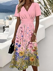  Per donna Abito Midi Abito a Tubino Vacanza Casual Boho Quotidiano Abito Estivo Abito Primaverile Vestibilità regolare Floreale Grafico Manica Corta Scollo a V Blu Giallo Rosa La luce rossa Estate
