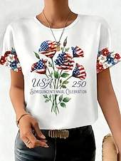  アメリカ独立記念日 女性用 Tシャツ プリント フラワー グラフィック フラッグ ヴィンテージ スタイリッシュ クラシック 半袖 クルーネック ラウンドネック レギュラートップス カジュアル 日常 ホワイト ルビーレッド 夏 春