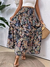 abordables Faldas de Vacaciones-Mujer Falda de vacaciones Bohemia Vintage Casual Maxi Alta cintura Faldas Cachemir Estampado Elástico Diario Calle Negro Vino Rojo Naranja Verano