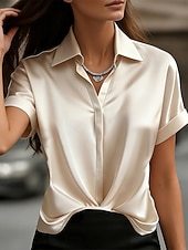 voordelige Effen t-shirt-Dames Satijnen overhemd Blouse Effen Kleur Elegant Stijlvol Basic Korte mouw Overhemdkraag Normale tops Casual Dagelijks Kantoor blauw Zwart Rood Abrikoos Zomer Lente