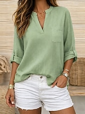 olcso Luxus ingek-Női Pamut vászon ingek Nyári felsők Blúz Öltözetes felsők Fodrozott Kollázs Zseb Tömör szín Sima Elegáns Szüret hölgyek Háromnegyedes V-alakú Állógallér Hosszú felsők Hétköznapi Napi Munka Medence
