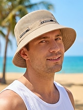 baratos Chapéus Masculinos-Chapéu bucket masculino respirável e leve em poliéster, várias cores, secagem rápida, ideal para férias na praia, pesca, caminhadas e uso casual no dia a dia.