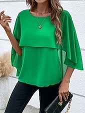 baratos Blusas Simples-Mulheres Blusa Franzido Côr Sólida à moda Básico Casual Manga 3/4 Gola Redonda Tops regulares Diário Azul Preto Rosa Vermelho Camelo Verão Primavera Outono