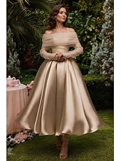 preiswerte Cocktailkleider-Ballkleid A-Linie Knöchellänge Cocktailkleider Partykleider Elegant Vintage Langarm Schulterfrei Hochzeit Formell Abnehmbar Satin mit Schal