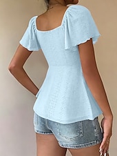 abordables T-shirt uni-Femmes Chemisier Cordon de serrage Œillet Couleur Unie Élégant Sexy Occasionnel Manche Courte Col carré Hauts Réguliers Quotidien Noir Blanche Jaune Rose Claire Bleu Ciel Été Printemps