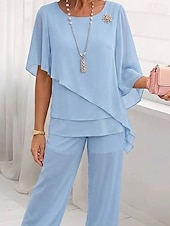  Dames Tweedelige sets Chiffon Korte mouw Vlinder Vierkante hals Effen Kleur Effen Meerlaags Elegant Formeel Bruiloft gast Casual / Dagelijks blauw Hemelsblauw Zomer Normale pasvorm