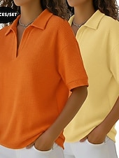  Multipack mit 2 Damen-Waffel-T-Shirts, Poloshirts, Waffelstrick-Tops, schlichte, modische Basics, klassische Kurzarm-Hemdkragen-Tops, lässige Alltags-Strand-Tops, gelb + orange