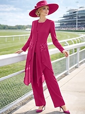 cheap Mom's Pant Suits-3 Piece Ankle Length Mother of the Bride Dress Long Sleeve Scoop Neck Elegant Vintage Wedding Guest Semi Formal Chiffon Lace with Appliques