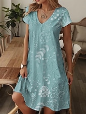 olcso Virágos ruhák-Női Mini Ruha A vonalú Ruha Póló Ruha Tee Ruha Hétvégi Hétköznapi Napi Rendszeres Illeszkedés Grafika Paisley Rövid Ujjú V Nyak Kék Bézs Nyár Tavasz