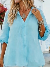  Women's Shirt Solid Color Plain Stylish Casual Long Sleeve Shirt Collar Regular Tops Daily Holiday Buttons Blue White Yellow Pink Summer Spring
