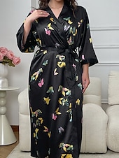 cheap Women's Robes-Women's Loungewear Robe Nightgown Fashion Casual Graphic Butterfly Satin Silky Pajamas Pyjamas Patchwork Dress Home Vacation Long Sleeve V Neck Black Summer Spring Regular Fit Loose Fit