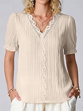 cheap Plain tee-Women's T Shirt Lace Splicing Top Tee Top Lace Patchwork Plain Fashion Stylish Classic Short Sleeve V Neck Regular Tops Daily Going out Weekend Black White Yellow Purple Fuchsia Summer Spring