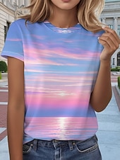 abordables T-shirt Art &amp; Design-Femmes T-shirt Imprimé A Ombre Graphique Bohème Hawaïen Élégant Manche Courte Col ras du cou Hauts Réguliers Quotidien Bleu Rose Claire Violet Été Printemps
