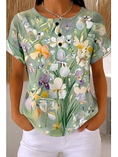 abordables Camiseta de Arte &amp; Diseño-Camiseta de mujer tipo gofre, tops de verano, estampado de bloques de color, gráfico geométrico de plantas, vintage, elegante, clásico, manga corta, cuello redondo, tops regulares, casual, diario,