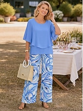  Жен. Комплекты брюк Рукав до локтя Бабочка Круглый вырез Цветочный принт Графика Элегантный стиль Отпуск Повседневные Отпуск Свадебный гость Синий Розовый Лиловый Весна лето Стандартный