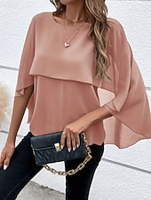 baratos Blusas Simples-Mulheres Blusa Franzido Côr Sólida à moda Básico Casual Manga 3/4 Gola Redonda Tops regulares Diário Azul Preto Rosa Vermelho Camelo Verão Primavera Outono