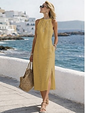 billige Essensielle falske kjoler-Dame Midikjole Imitert bomullslin Blonde kjole Strandkjole Uformell kjole Elegant Mote Moderne Strand Feriereise Helg Normal عادي Ermeløs Grimehals Blå Svart Hvit Gul Sommer Vår