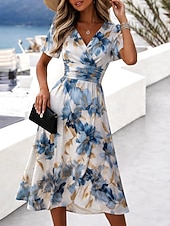 Χαμηλού Κόστους Casual Floral Φορέματα-Γυναικεία Μίντι φόρεμα Φόρεμα ριχτό Διακοπές Καθημερινό Μπόχο Καθημερινά Καλοκαιρινό φόρεμα Ανοιξιάτικο φόρεμα Κανονικό Φλοράλ Γραφική Κοντομάνικο Στρογγυλή Ψηλή Λαιμόκοψη Λαιμόκοψη V