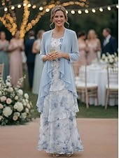 cheap Mom's Dress Sets-Two Piece A-Line Floor Length Wedding Guest Dress Mother of the Bride Dress Sleeveless 3/4 Length Sleeve Scoop Neck Elegant Simple Minimalist Formal Semi Formal Chiffon Jacquard with Floral Print