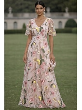 economico Lunghezza del pavimento-Linea ad A Abito Lunghezza al pavimento Vestito maxi Vestito da Festa Abito da Cocktail Abito da cerimonia per signora Manica Corta Scollo a V Elegante Vintage Lussuoso Formale Ospite di nozze Derby