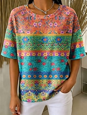 economico Maglietta Arte &amp; Design-Per donna Maglietta Waffle Top a maglia con texture A strisce Floreale Grafico Geometrico Elegante Classico Manica Corta Girocollo Top Regolari Casuale Quotidiano Blu Giallo Verde Cachi Estate