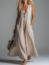 preiswerte Kleider-Damen Maxikleid Kleider in Leinenoptik Shiftkleid Sommerkleid Lässig Täglich Normale Passform Einfach Ärmellos V Ausschnitt Schwarz Weiß Rosa Aprikose Sommer