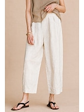 cheap Straight-Leg Pants-Women's 100% Linen Vacation Basic Ankle-Length Mid Waist Plain Breathable Inelastic Daily Flaxen gray-green White Spring Loose Fit