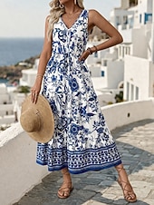 voordelige Bloemenjurken-Dames Maxi-jurk A lijn jurk Slipdress Vakantie Casual Buiten Uitgaan Standaard pasvorm Bloemig Mouwloos V-hals blauw Zomer Lente