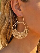 cheap Women's Earring-Women's Bohemian Woven Hoop Earrings, Alloy Rattan Style Statement Round Earrings in Multiple Colors for Beach Vacation Travel, Resort Wear and Everyday Casual Summer Jewelry