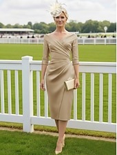 رخيصةأون طول الشاي-عامودي طول الساق فستان الحفلة فستان كوكتيل فستان زفاف ضيف فستان أم العروس نصف كم V رقبة أنيق عتيق فاخر رسمي ضيف حفل زفاف ساتان فساتين الجاكيتات مع طيات