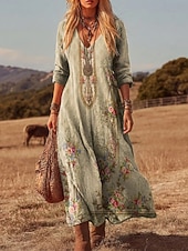  女性用 マキシドレス サンドレス 旅行度假风 カジュアル ボヘミアン 日常 ルーズフィット フラワー 長袖 Ｖネック ブルー ブラック イエロー ルビーレッド 夏 春