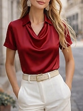economico Bluse Semplici-Per donna Camicia Top in raso Blusa Top Eleganti Semplice Elegante Manica Corta Scollo a Cascata Colletto a Camicia Top Regolari Quotidiano Ferie Uscire Nero Bianco Champagne Giallo Vino Estate