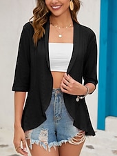 זול ז'קטים מזדמנים-בגדי ריקוד נשים ז'קט קז'ואל נוח נושם לגזור יום יומי אחיד חופשה רחוב לבוש יומיומי ליציאה חזית פתוחה רגיל ללא צווארון רגיל שרוול 4\3 הלבשה עליונה שחור לבן ורוד מסמיק אביב סתיו