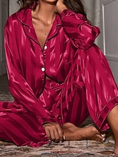 cheap Women's Sleep Tops &amp; Bottoms-Women's Loungewear Pajama Set Fashion Simple Casual Pure Color Satin Silky Pajamas Pyjamas Elastic Waist Buttons Pant Home Vacation Long Sleeve Shirt Collar Black White Red Green Spring Fall Regular