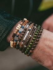 Χαμηλού Κόστους Ανδρικά κοσμήματα-Σετ ανδρικών βραχιολιών με ξύλινες χάντρες μποέμ, 10 ελαστικά βραχιόλια με χάντρες που στοιβάζονται για διακοπές στην παραλία, καθημερινή casual ένδυση, ταξίδια και φεστιβάλ