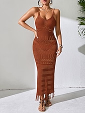 abordables Robes fleuries décontractées-Femmes Robe maxi Robe Tricot Romantique Classique Quotidien Plage Vacances Mince Géométrique Sans manches Col ras du cou Col en V Brun roux Noir Blanche Kaki Été