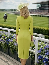 abordables Longitud del té-Funda Columna Vestidos Hasta la Rodilla Vestido Derby Vestido de Madrina Manga 3/4 Escote en Pico Elegante El derby de Kentucky Tejido elástico con Plisado Fruncido Recogido