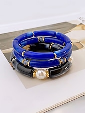 billige Damearmbånd-Bohemsk 3-delt armbåndssett i akryl for kvinner, elastiske, stabelbare armbånd, perfekt for strandferie, hverdagsbruk og sommertilbehør