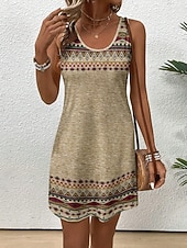 economico Abito Boho-Per donna Mini abito Abito a trapezio Vacanza Casual Spiaggia Ferie Vestibilità aderente Grafico Geometrico Senza Maniche Collo a U Marrone Cachi Estate Primavera